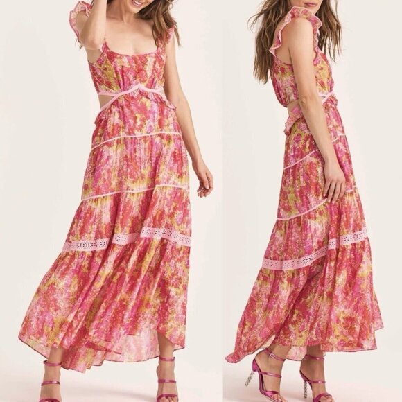 LoveShackFancy Madsen Pink Floral Cutout Maxi Dress Women’s Size Large - Picture 1 of 11